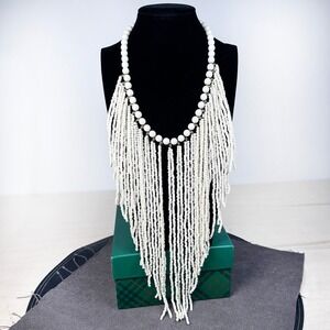 Vintage White Seed Bead Choker Bib Necklace Southwestern Fringe Boho Statement